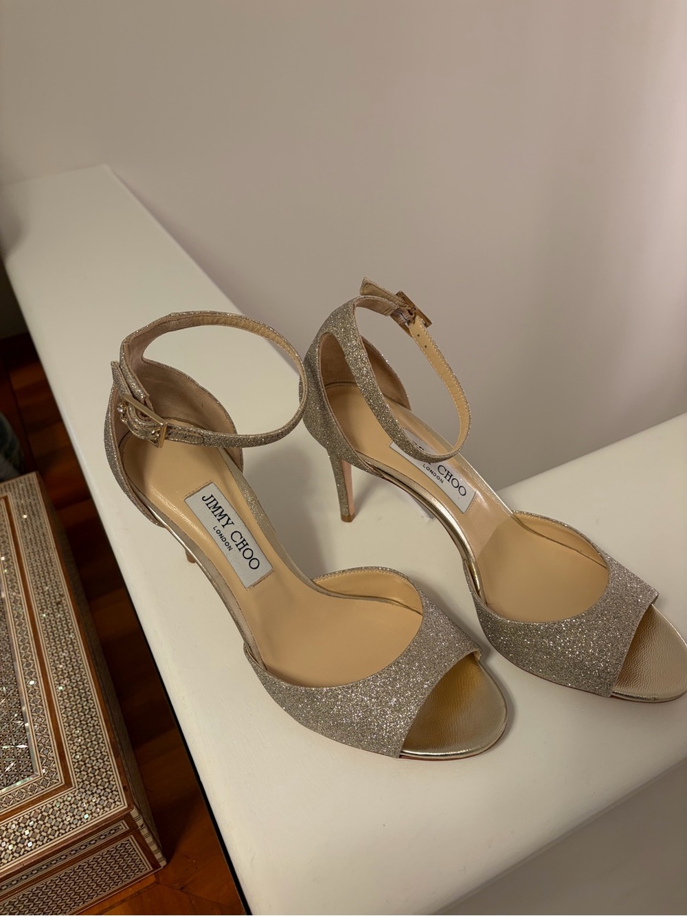 Jimmy Choo Annie Glitter Peep-Toe Ankle-Strap Heels in Platinum Ice